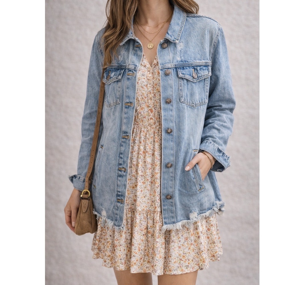 Altar'd‎ State Distressed Denim Jacket Small Boho Festival Western Frayed Hem